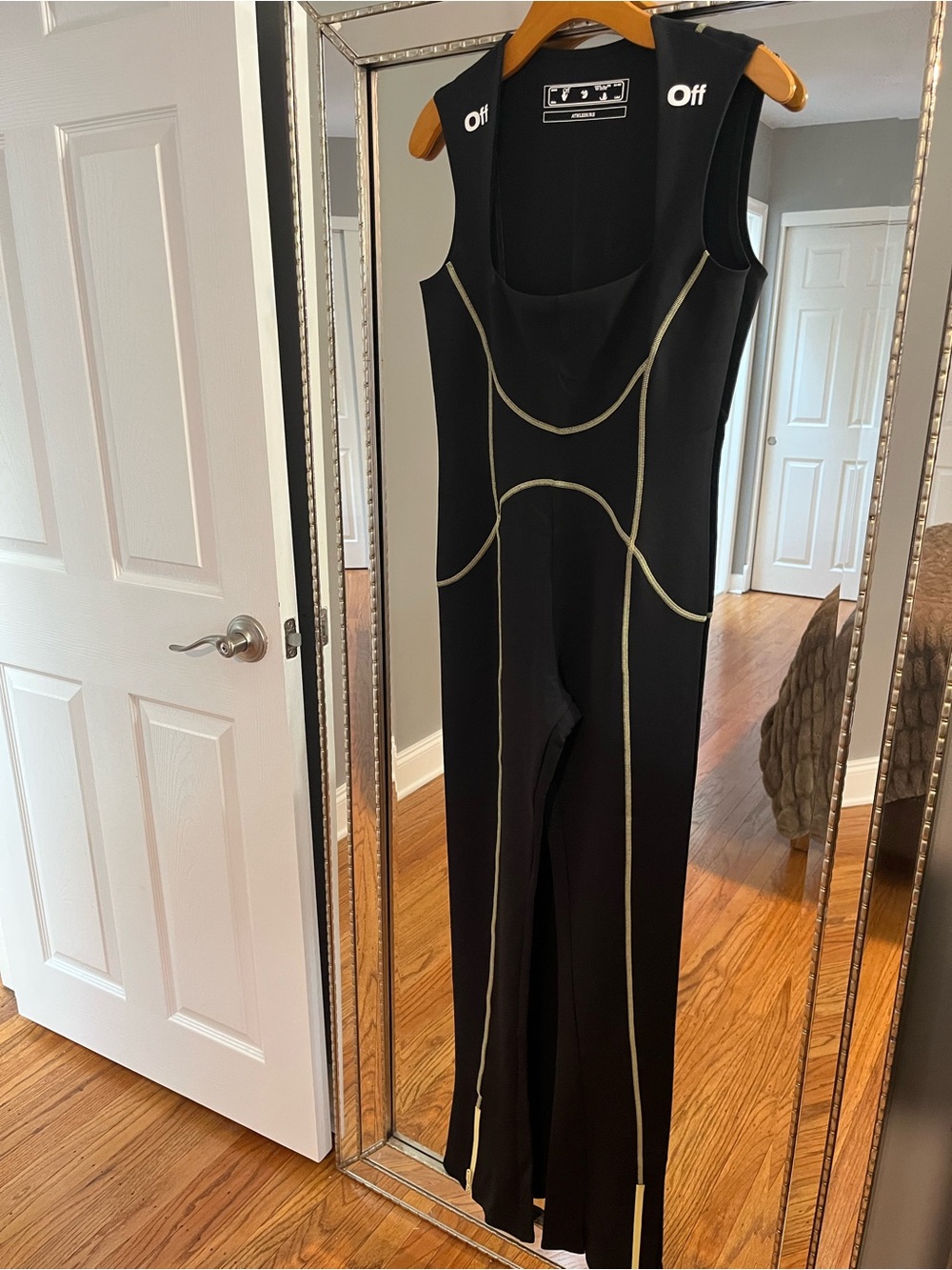 Off-White Black Sleeveless Jumpsuit with Yellowish Contrast Piping